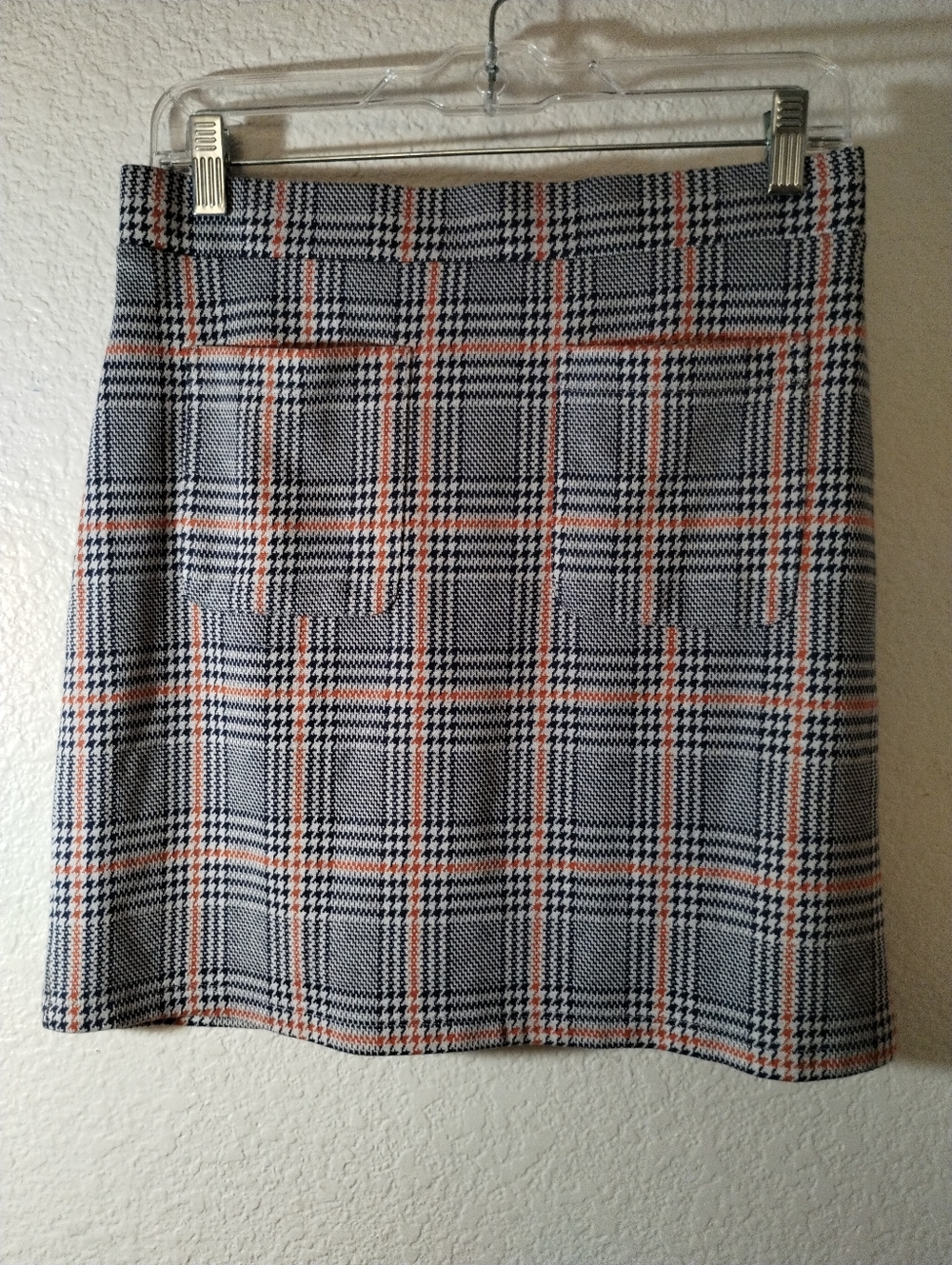 Modcloth Plaid Mini Skirt Blue White Orange Patch Pockets sz Medium